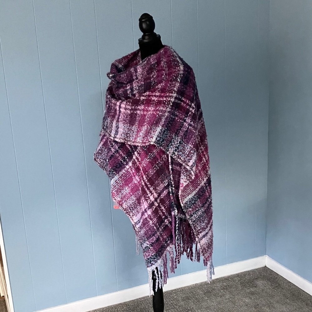 Plaid Fringe Shawl Pink Purple Burgundy Cream  Nubby Texture Ruana Wrap Poncho